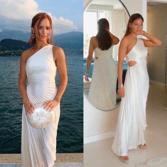 A.L.C. Dahlia Dress One Shoulder Whisper White Cutout Pleated Crepe Maxi Size 8 - Picture 1 of 12